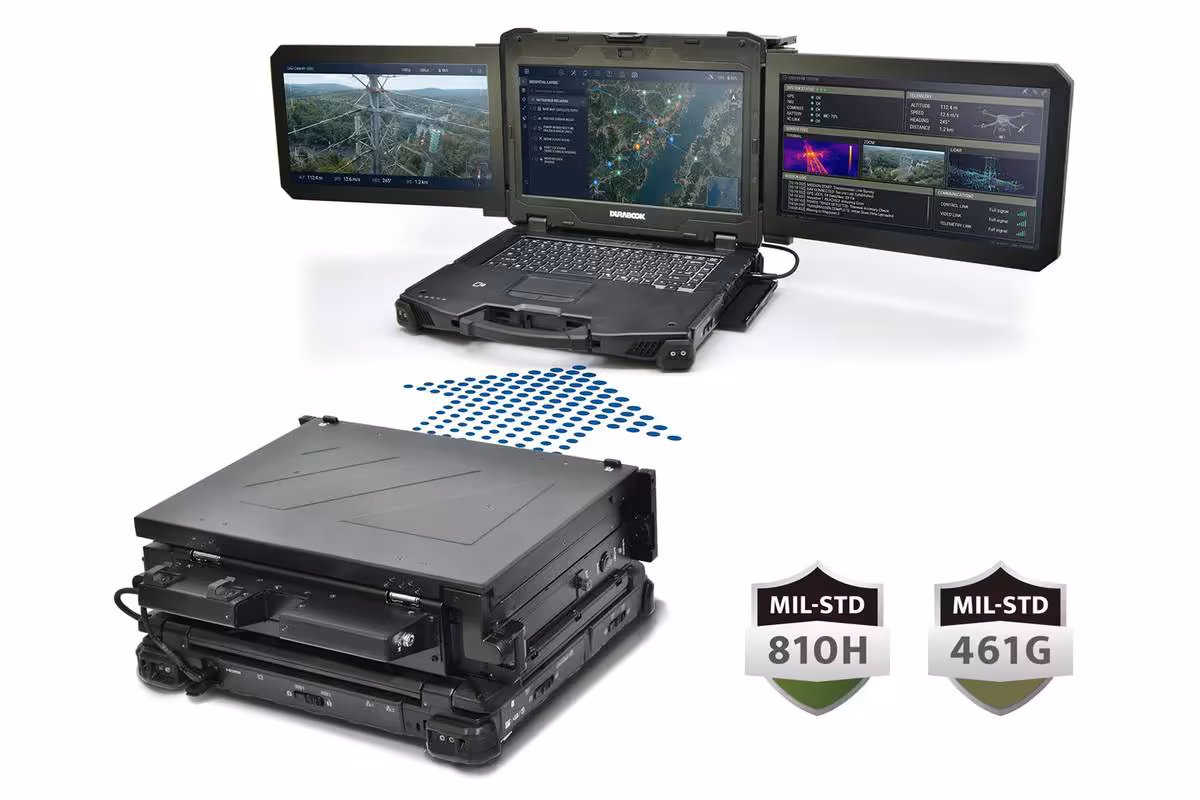 Durabook Z14I-DX3 triple écran ouvert et fermé, certifié MIL-STD-810H et MIL-STD-461G
