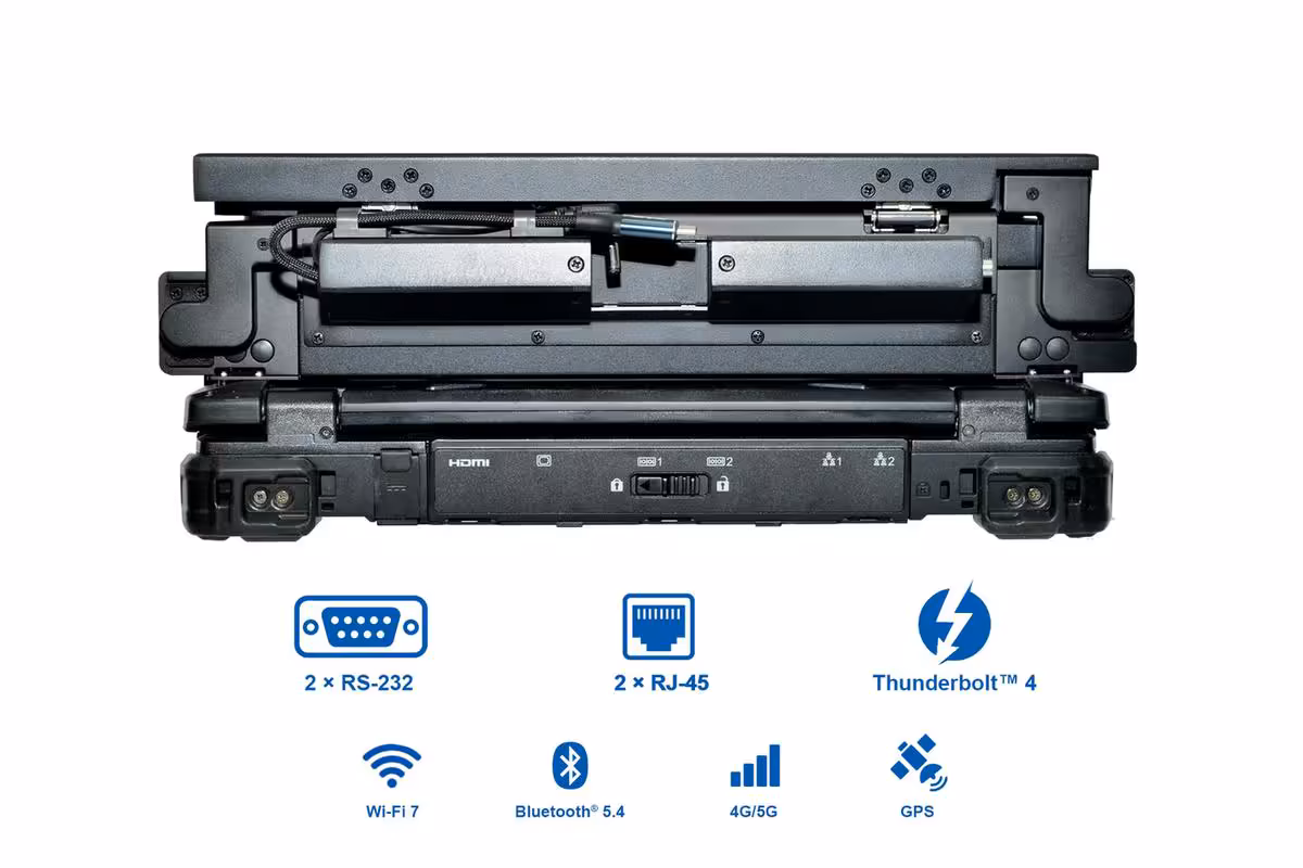 Vue arrière du Durabook Z14I-DX3 avec RS-232, RJ-45, Thunderbolt 4, Wi-Fi 7, Bluetooth et GPS