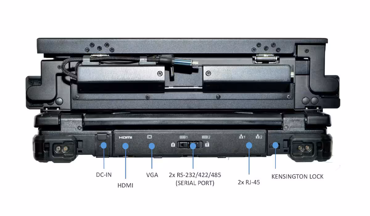 Connectique arrière Durabook Z14I-DX3 : alimentation, HDMI, VGA, ports série RS-232/422/485, RJ-45 et verrou Kensington