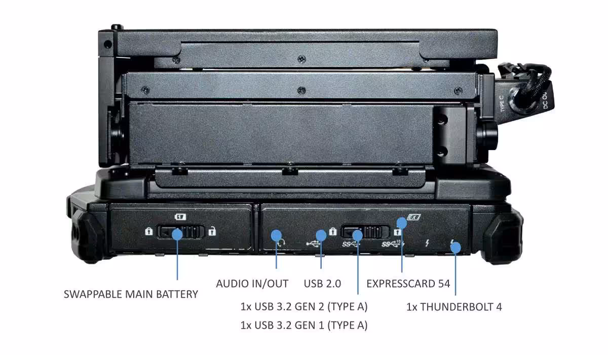 Connectique du Durabook Z14I-DX3 avec batterie échangeable, USB, audio, ExpressCard 54 et Thunderbolt 4