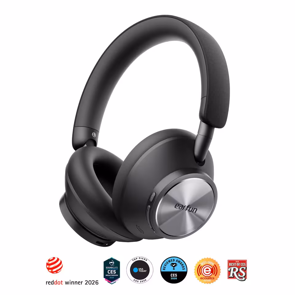 Casque EarFun Wave Pro X noir en vue produit sur fond blanc avec badges récompenses