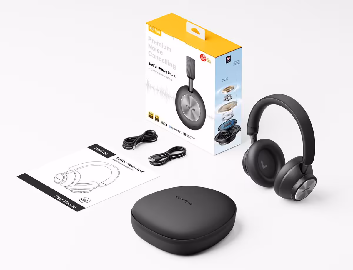 Contenu de la boîte EarFun Wave Pro X avec casque, étui, câbles et manuel utilisateur
