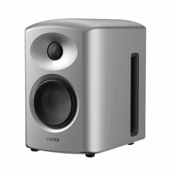 Enceinte active Edifier grise, vue produit isolée avec haut-parleurs visibles