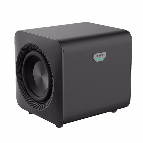 Caisson de basses Edifier noir, vue produit isolée sur fond blanc