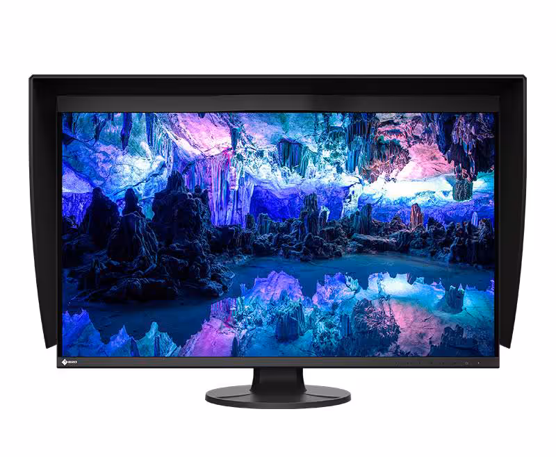 Moniteur EIZO CG3200X de face, dalle OLED affichant un paysage coloré, pied central noir