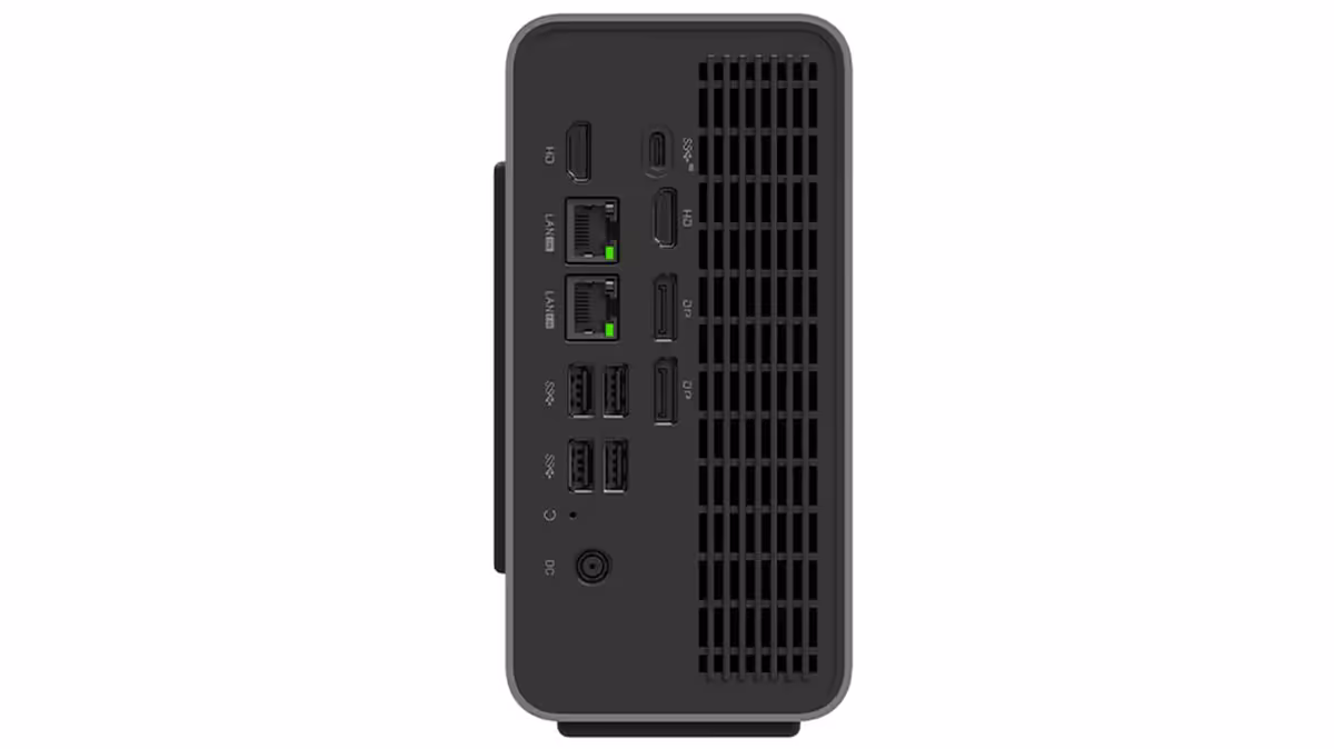 Mini PC FEVM vu de face, ports USB, Ethernet et grille de ventilation latérale visibles