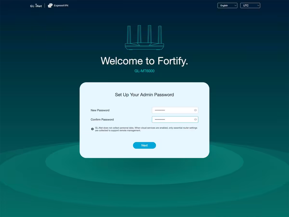 Fortify, le routeur Wi-Fi 6 VPN de GL.iNet et ExpressVPN à 199,99 dollars 6 Interface web de configuration Fortify GL-MT6000 demandant de définir le mot de passe administrateur