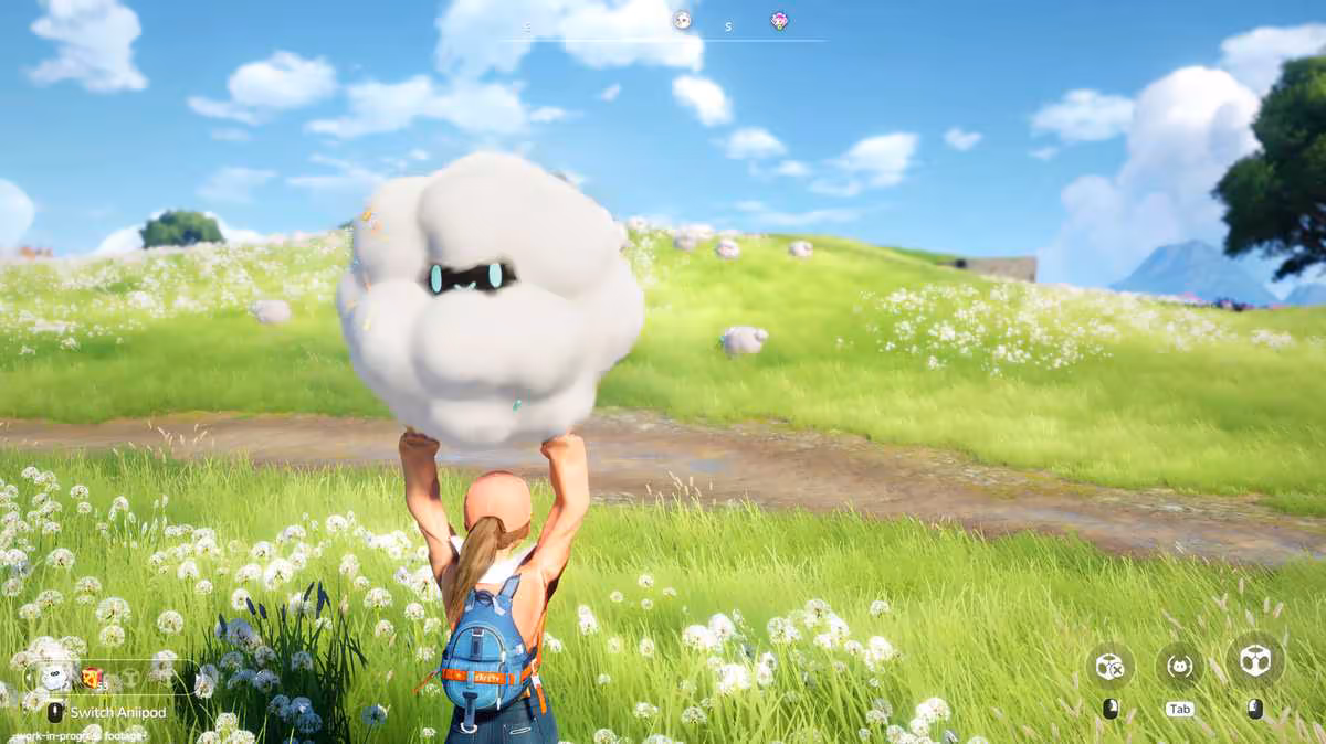 Personnage de jeu vidéo portant un nuage blanc dans un champ verdoyant sous ciel bleu