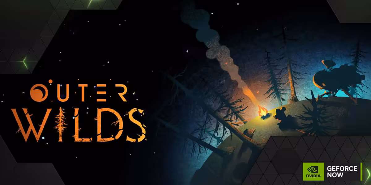 GeForce NOW accueille Aniimo, Outer Wilds et 11 jeux de plus cette semaine 4 Illustration Outer Wilds avec logo orange, scène spatiale nocturne et badge GeForce NOW en bas à droite