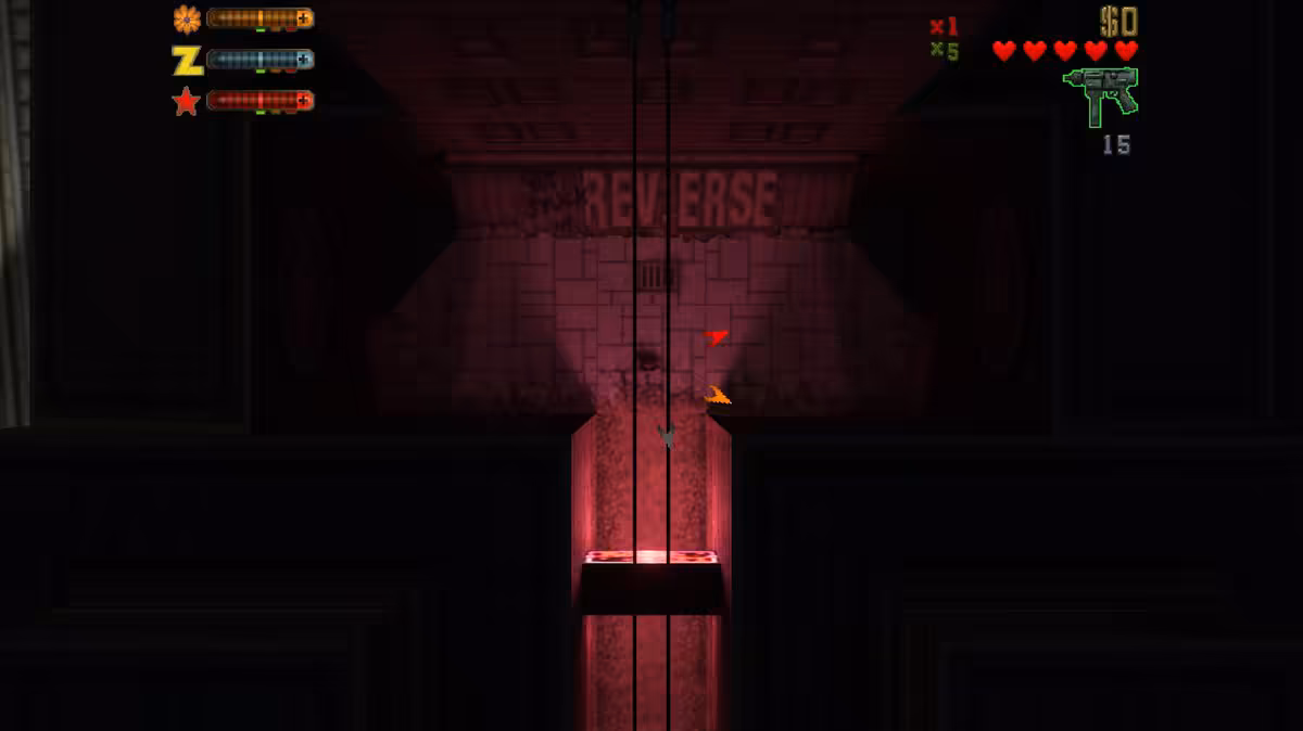 Scène sombre de GTA 2 RTX Remix éclairée en rouge devant un mur « REVERSE »