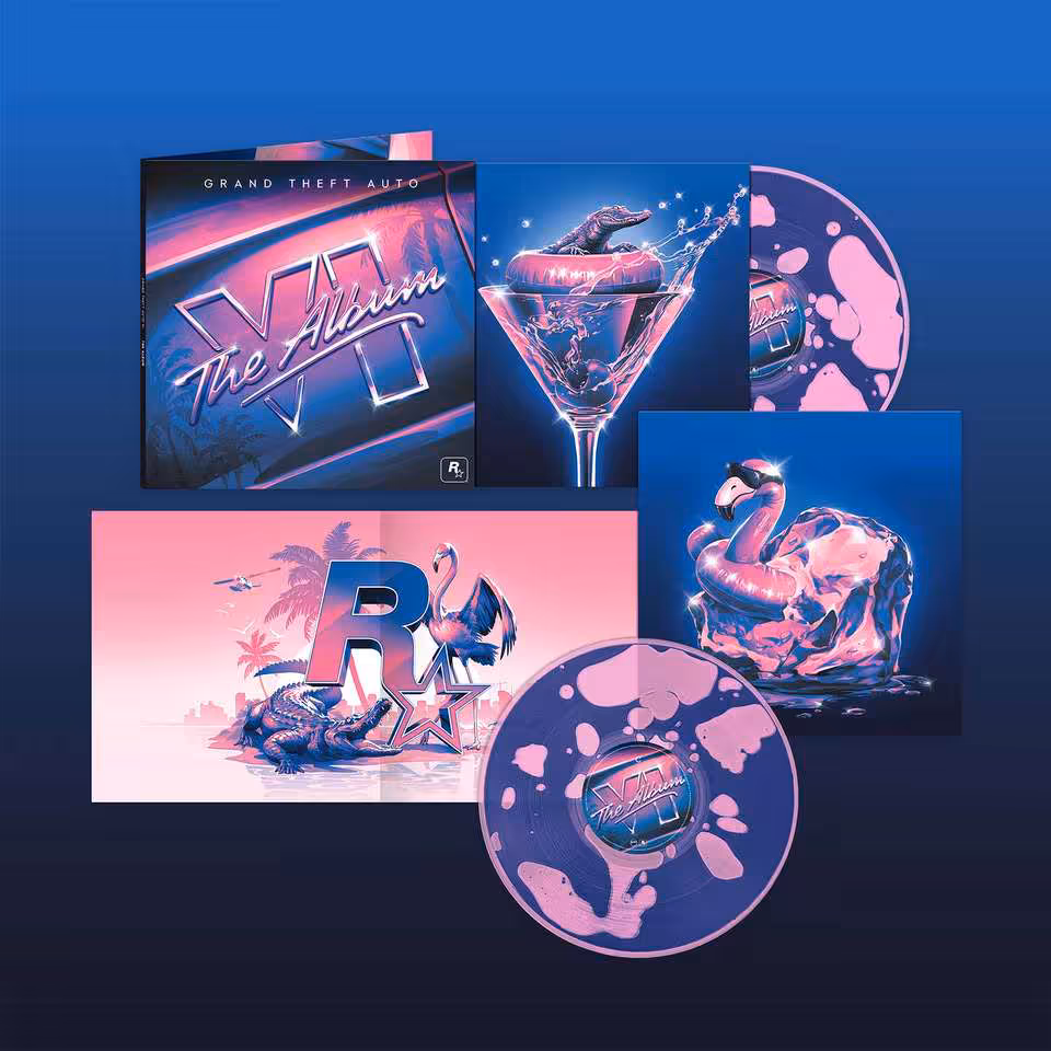 Visuel de l’album GTA VI avec pochette, vinyle rose, cocktail, flamant rose et logo Rockstar Games.