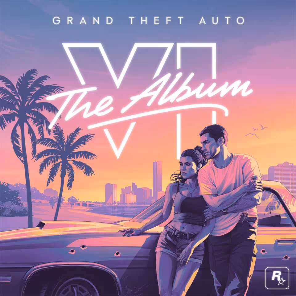 Illustration GTA VI The Album avec duo devant une voiture, logo Grand Theft Auto et palmier au coucher du soleil.