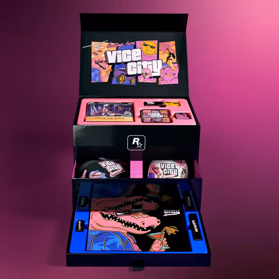 Coffret Vice City Limited Collection ouvert avec accessoires Rockstar Games, stickers et plateau illustré