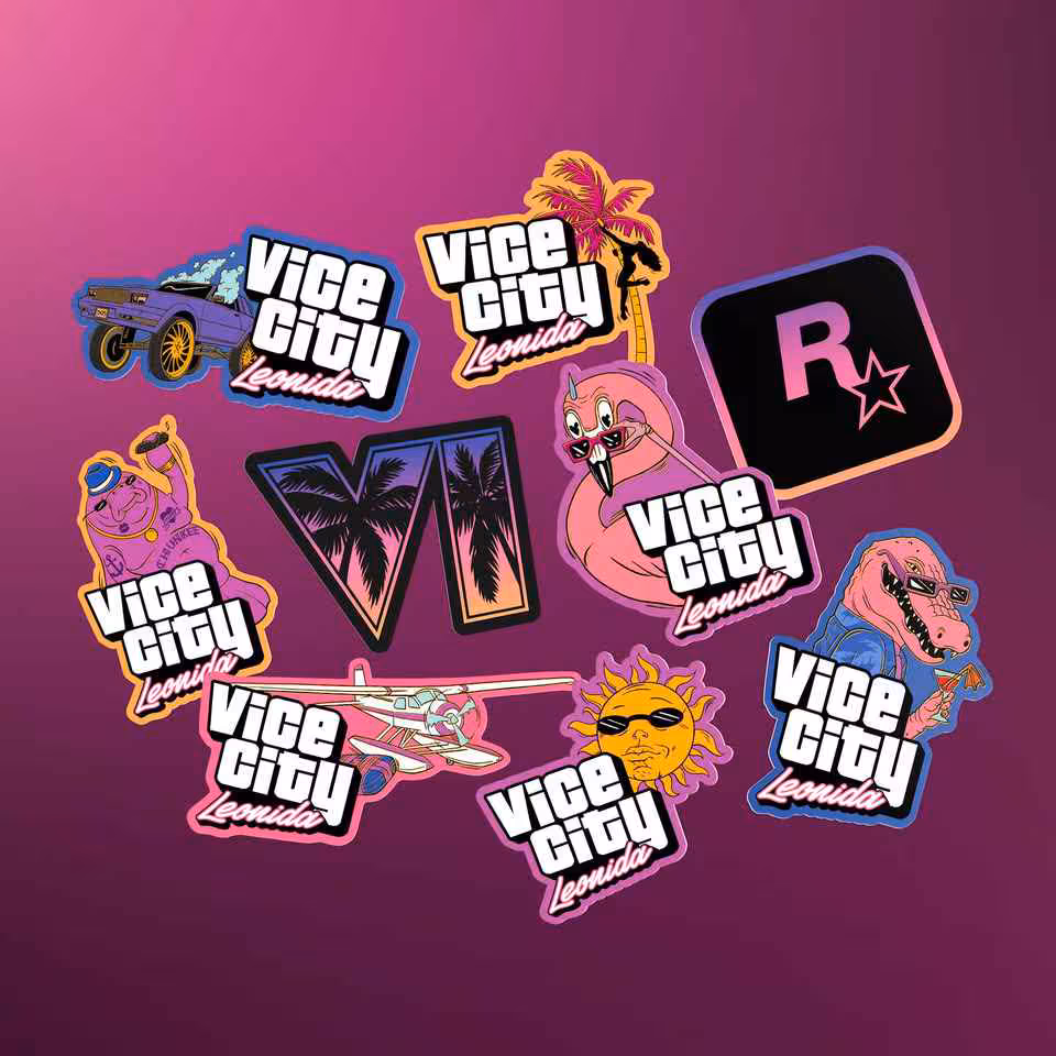 Planche de stickers Vice City Limited Collection avec logo Rockstar Games, voiture, alligator et hélicoptère