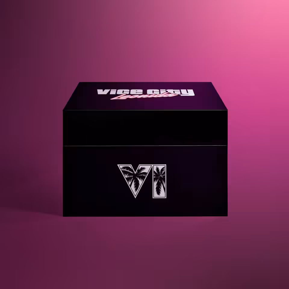 Coffret noir Vice City Limited Collection de Rockstar Games fermé sur fond rose dégradé