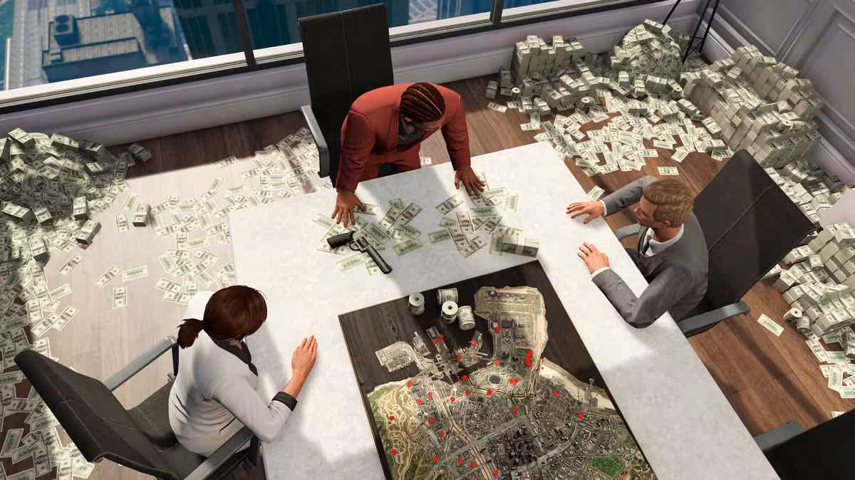 GTA VI Online viserait 2027, Twitch évoque un lancement multijoueur l’an prochain 2 Trois personnages autour d’une table couverte d’argent, carte et arme, scène de braquage en intérieur