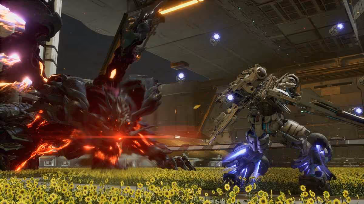 Gundam Rogue Orbit arrive le 5 mars 2027 avec une nouvelle chronologie inédite 6 Mobile suit beige affrontant une créature noire géante dans un hangar aux lumières jaunes