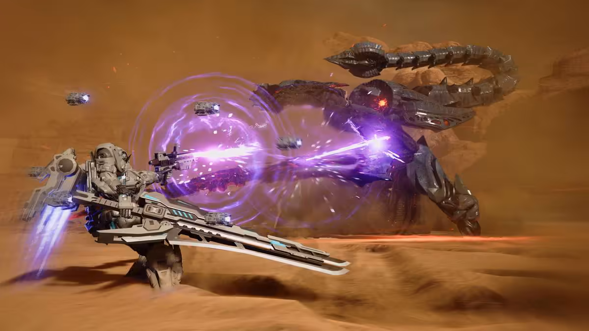Gundam Rogue Orbit arrive le 5 mars 2027 avec une nouvelle chronologie inédite 7 Gundam blanc tirant un faisceau violet contre un énorme monstre mécanique dans le désert