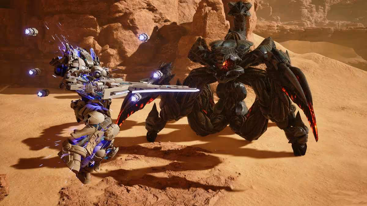 Gundam Rogue Orbit arrive le 5 mars 2027 avec une nouvelle chronologie inédite 8 Mobile suit Gundam blanc combattant une créature sombre à quatre membres dans le sable