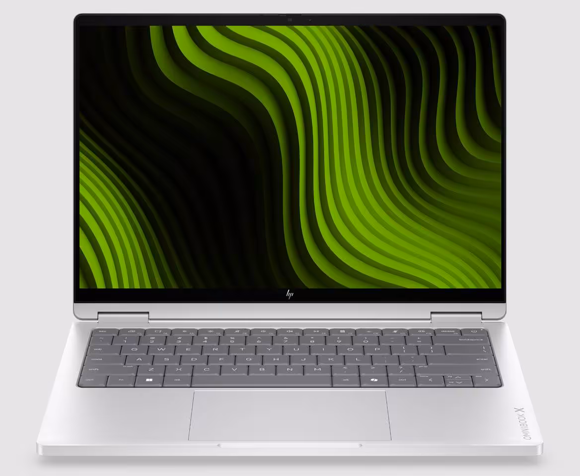 HP OmniBook Ultra 16 et X 14 : HP pousse les PC IA RTX Spark vers le haut de gamme 3 HP OmniBook X 14 ouvert de face, châssis argenté, clavier gris et écran vert abstrait