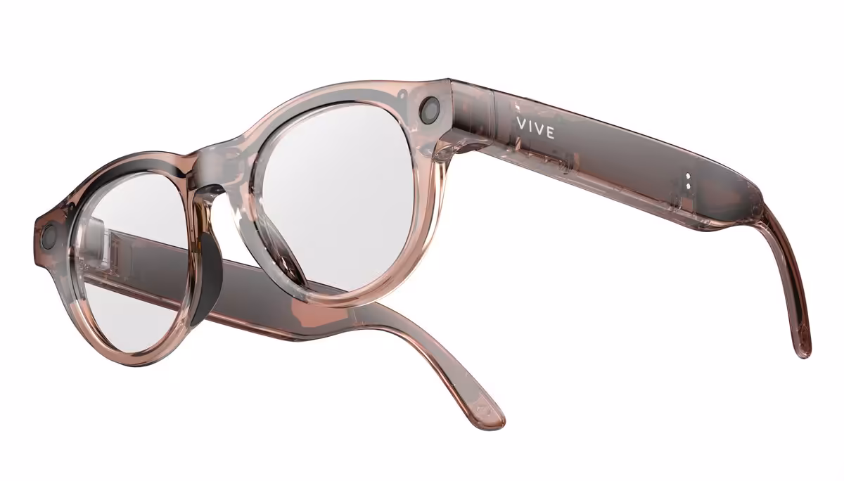 Lunettes HTC VIVE Eagle AI Glasses transparentes rosées, vue produit sur fond blanc