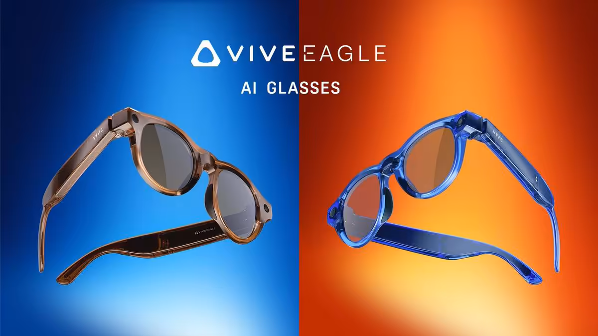 Montage promotionnel HTC VIVE Eagle AI Glasses avec deux coloris, fond bleu et orange