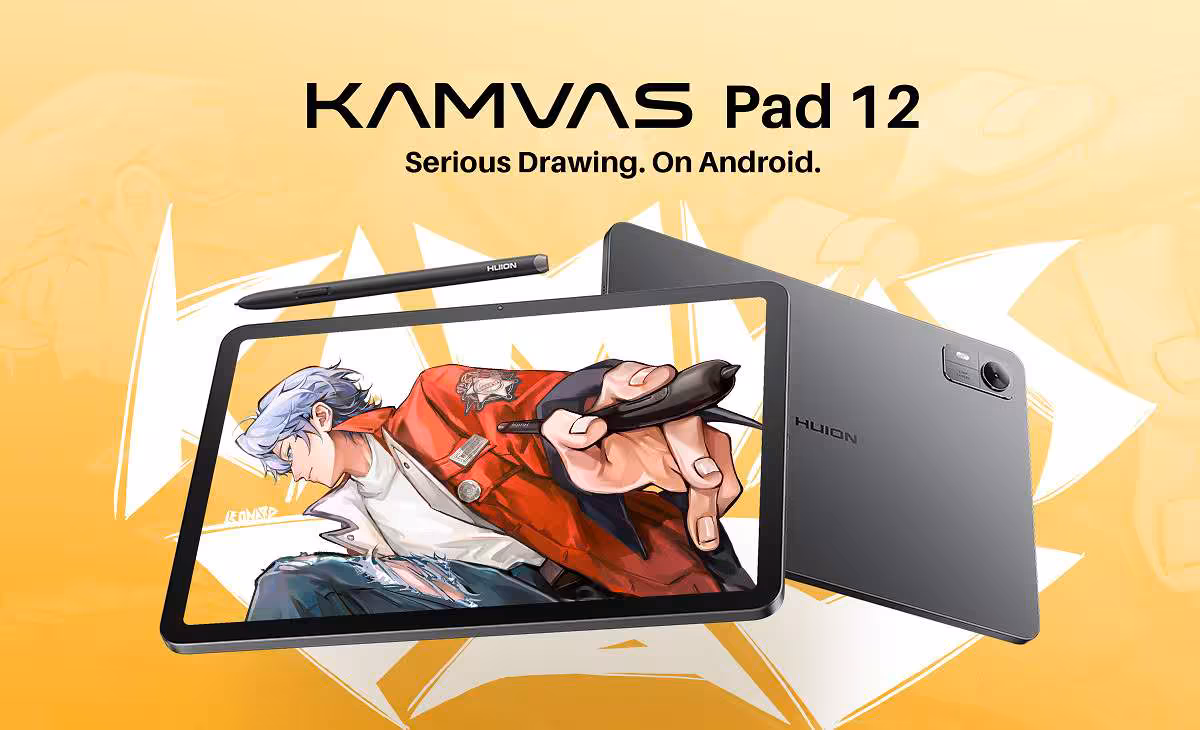 Affiche promotionnelle Huion Kamvas Pad 12 avec tablette Android et stylet, illustration de dessin numérique