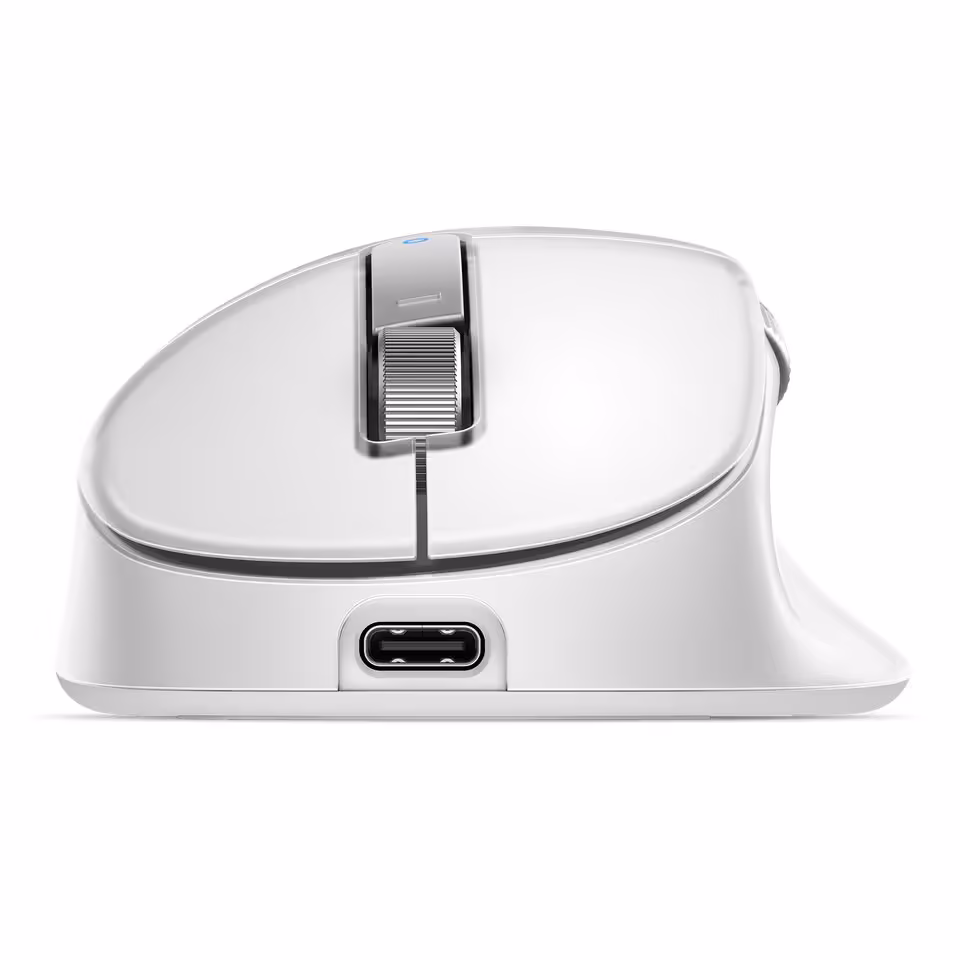 INFTYLAB lance des accessoires Mac signés BenQ avec bras écran, souris et desk mat 11 Souris INFTYLAB blanche de profil, avec port USB-C visible sur l’avant et molette métallique.