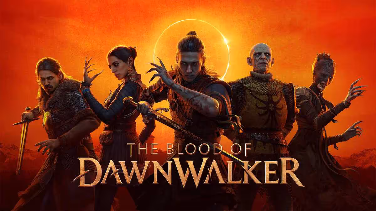 Visuel du jeu The Blood of Dawnwalker, quatre personnages devant un soleil rouge orangé