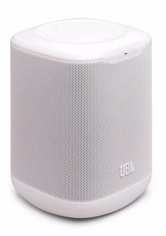 Enceinte JBL Cove blanche en photo produit sur fond blanc, finition mate et grille frontale.