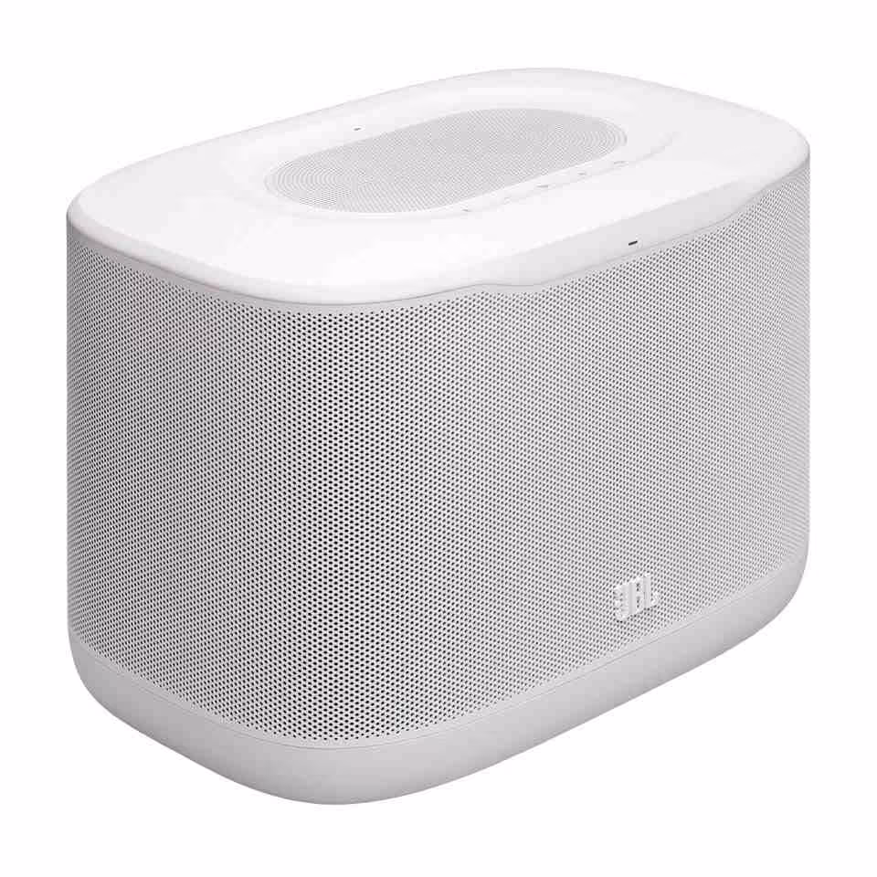 Enceinte JBL Cove blanche en format horizontal, photo produit sur fond blanc.