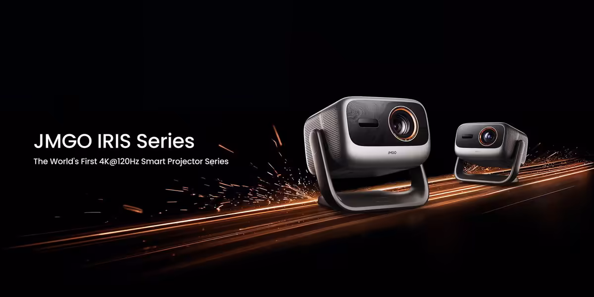 Visuel promotionnel JMGO IRIS Series présentant deux projecteurs et le slogan 4K 120 Hz