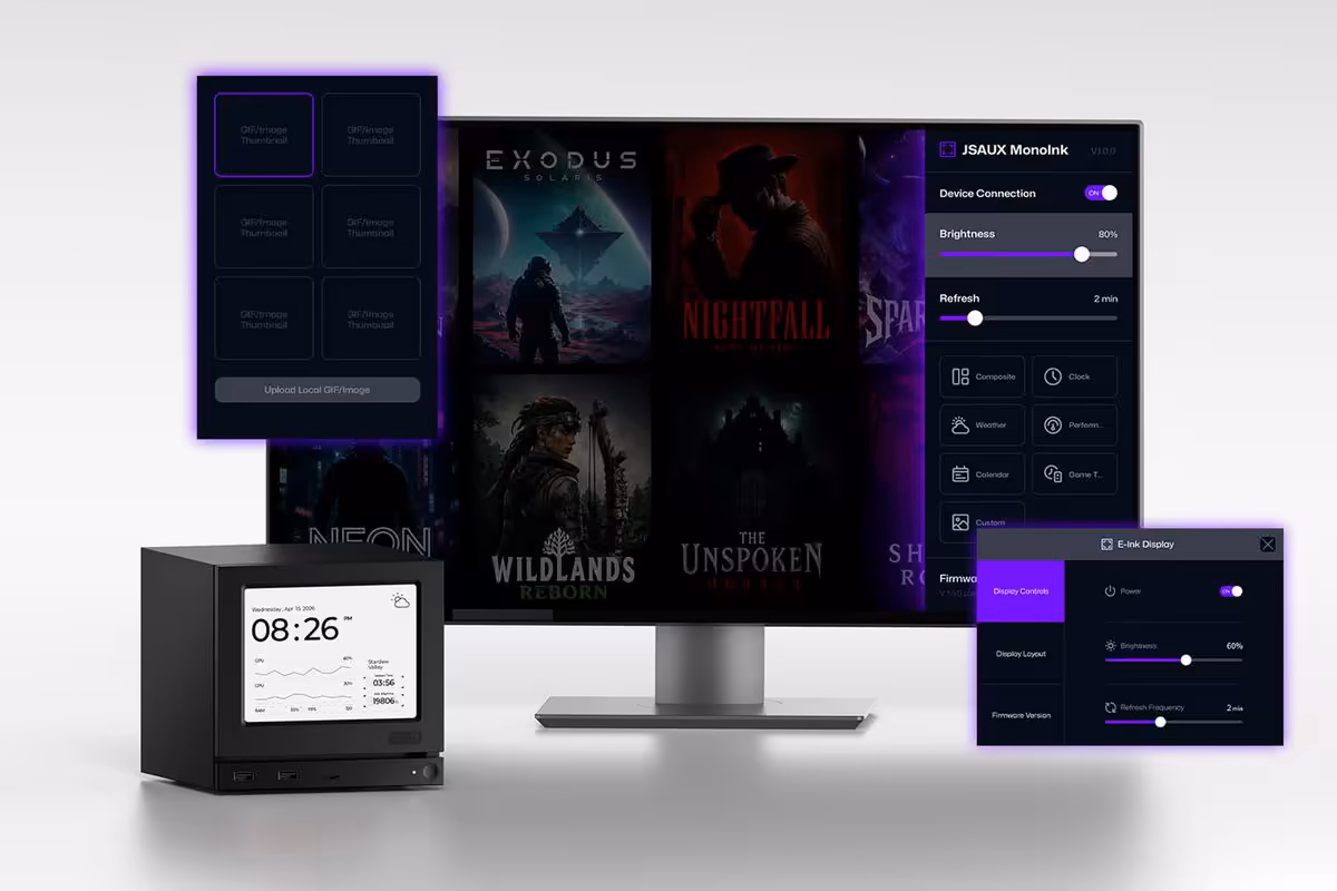 JSAUX Steam Machine : deux façades E-Ink et Pixel Matrix désormais disponibles 3 Mini PC JSAUX Gaming E-Ink relié à un moniteur et interface JSAUX MonitorLink