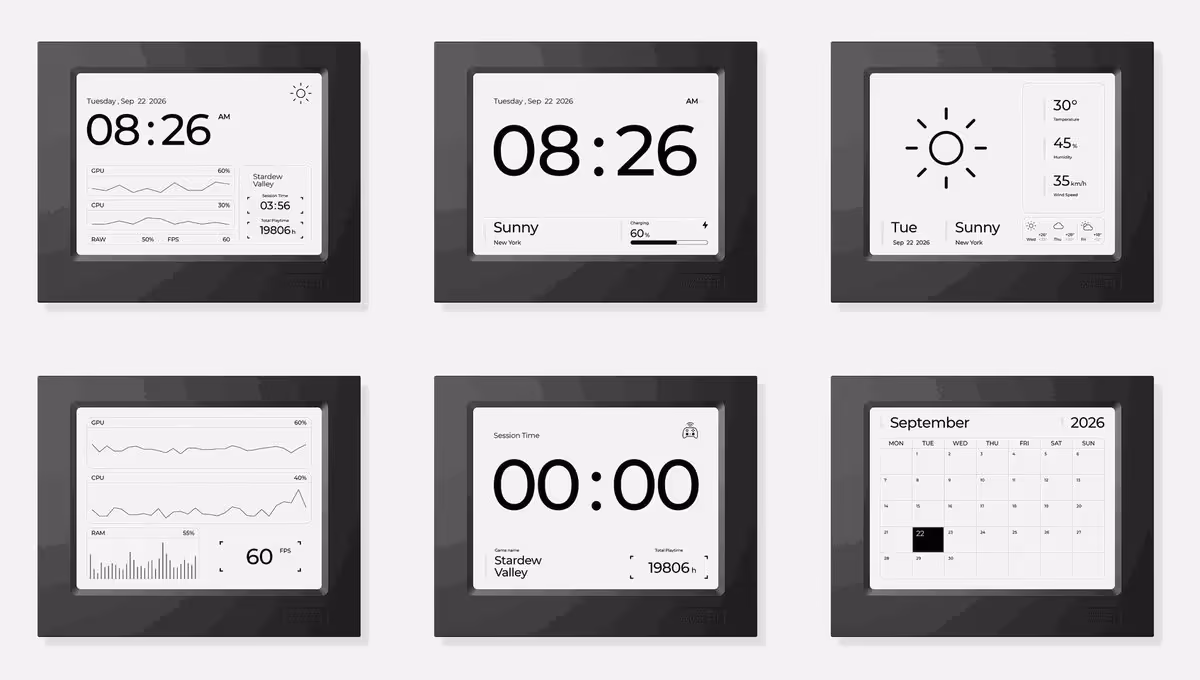 JSAUX Steam Machine : deux façades E-Ink et Pixel Matrix désormais disponibles 6 Six exemples d’interfaces pour façade E-Ink JSAUX : météo, horloge, performances et calendrier
