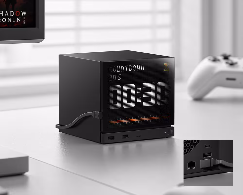 JSAUX Steam Machine : deux façades E-Ink et Pixel Matrix désormais disponibles 7 Mini PC JSAUX Gaming à façade Pixel affichant un compte à rebours de 30 secondes