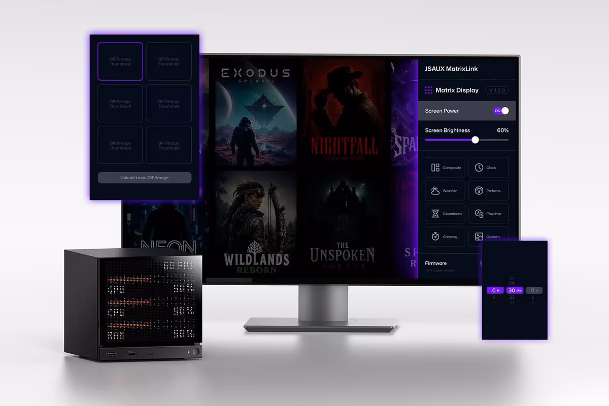 JSAUX Steam Machine : deux façades E-Ink et Pixel Matrix désormais disponibles 9 Mini PC JSAUX Gaming à façade Pixel avec interface MonitorLink et statistiques GPU, CPU et RAM
