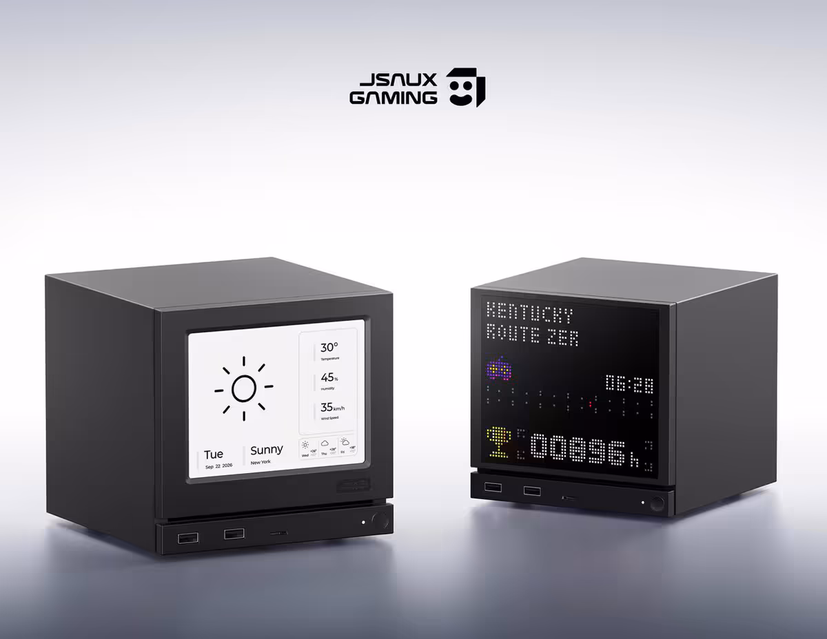 JSAUX Steam Machine : deux façades E-Ink et Pixel Matrix désormais disponibles 2 Deux mini PC JSAUX Gaming avec façades E-Ink météo et Pixel affichant informations système