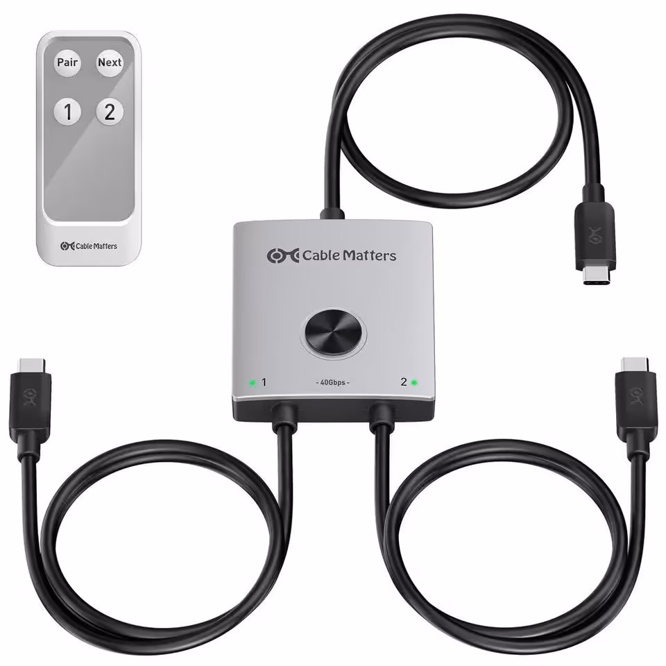 KVM USB4 Cable Matters : 40 Gbps, affichage 8K 60 Hz et recharge jusqu’à 140 W 3 Commutateur KVM USB-C Cable Matters 201342 argenté avec télécommande RF et trois câbles USB-C intégrés
