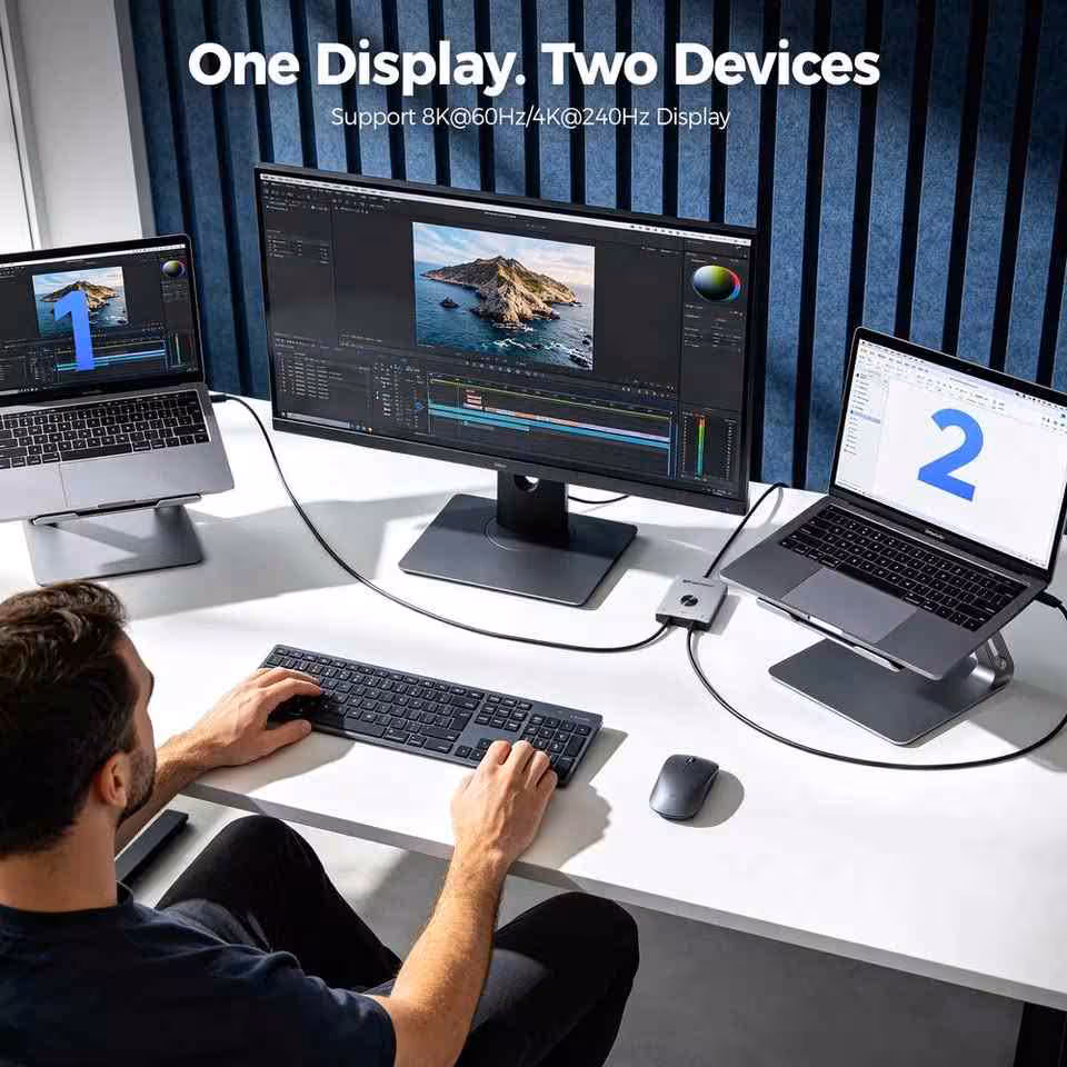 KVM USB4 Cable Matters : 40 Gbps, affichage 8K 60 Hz et recharge jusqu’à 140 W 4 KVM Cable Matters reliant deux ordinateurs portables à un écran externe unique, compatible 8K 60 Hz