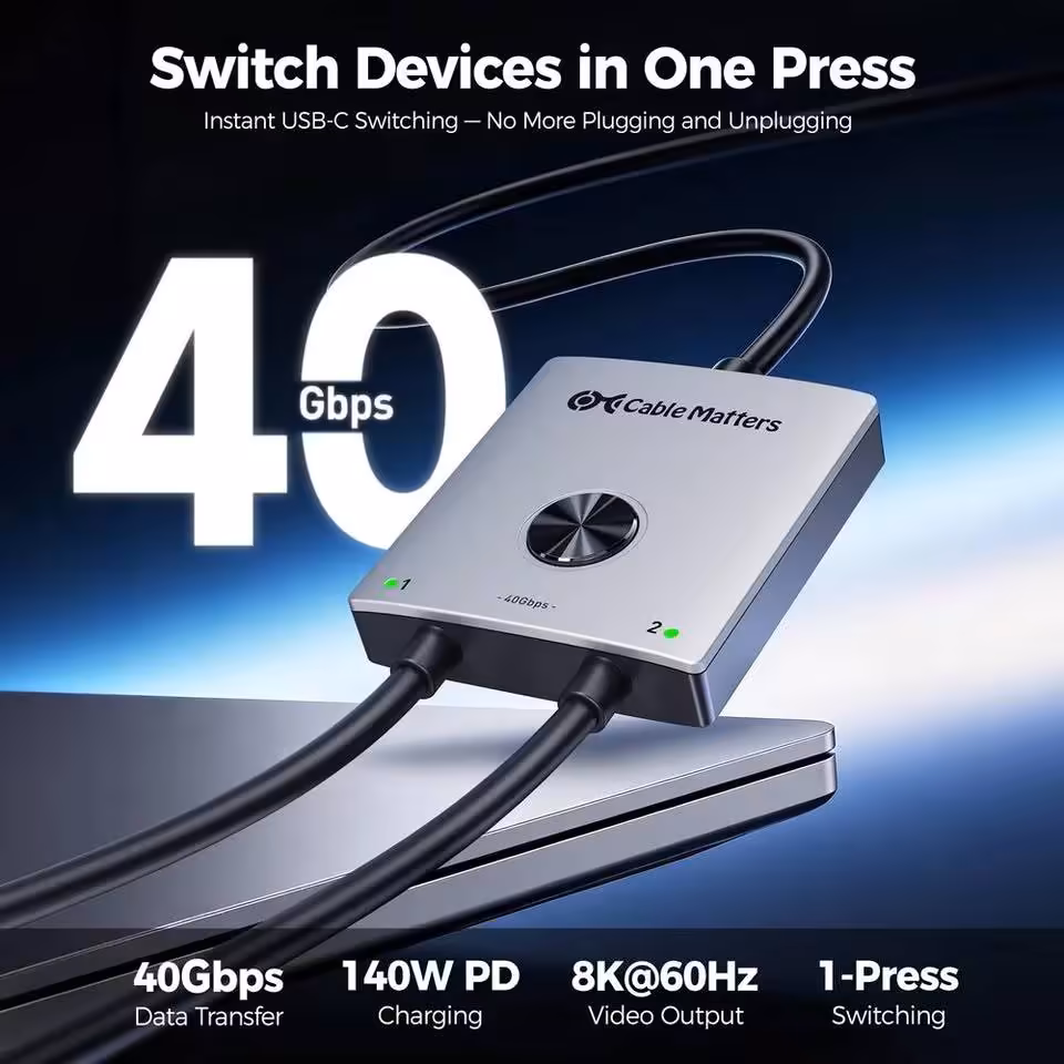 KVM USB4 Cable Matters : 40 Gbps, affichage 8K 60 Hz et recharge jusqu’à 140 W 5 Commutateur USB-C Cable Matters 40 Gbps, 140 W Power Delivery et sortie vidéo 8K à 60 Hz