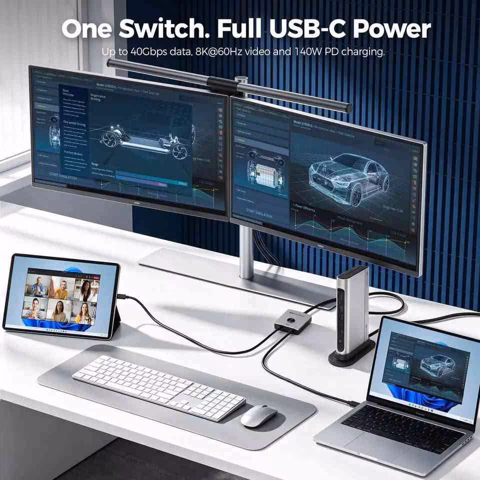 KVM USB4 Cable Matters : 40 Gbps, affichage 8K 60 Hz et recharge jusqu’à 140 W 6 KVM Cable Matters reliant ordinateur portable et tablette à station Thunderbolt 4 et deux moniteurs