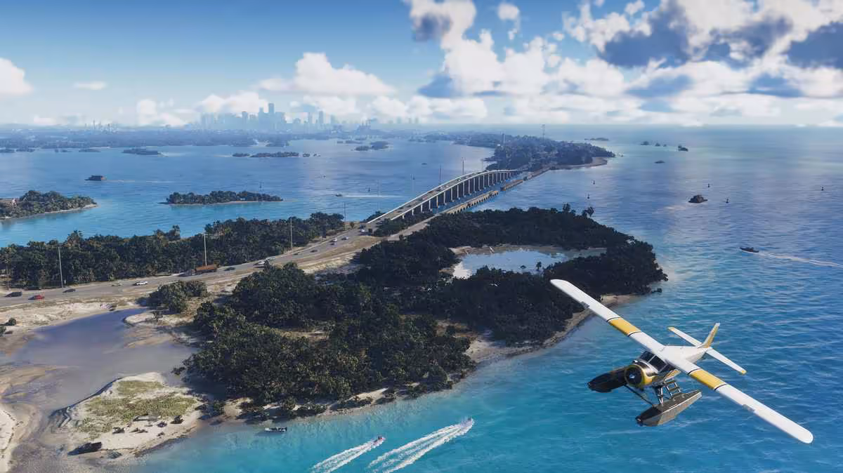 Leak Rockstar de 192 Go : GTA 5 coupé, Liberty City et premiers fichiers GTA 6 3 Avion de tourisme survolant une île tropicale et un long pont dans une scène GTA aérienne