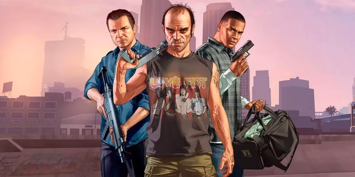 Leak Rockstar de 192 Go : GTA 5 coupé, Liberty City et premiers fichiers GTA 6 2 Illustration GTA 5 avec Michael, Trevor et Franklin armés devant la skyline de Los Santos