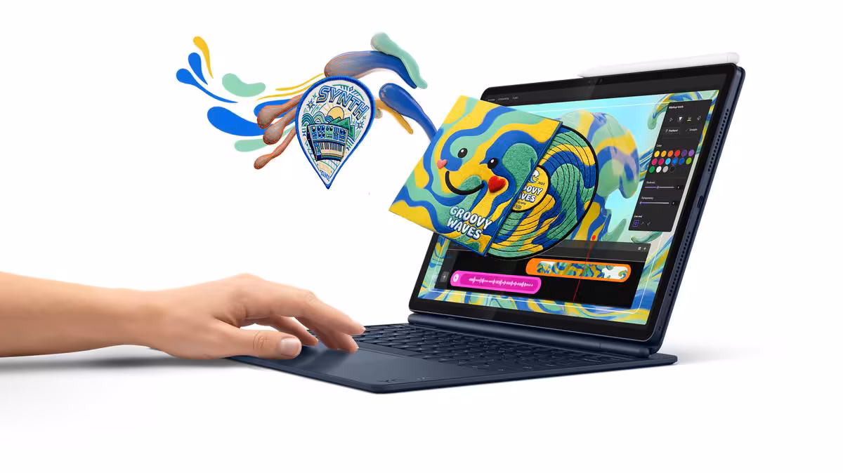 Lenovo Yoga IFA 2026 : RTX Spark, tablettes Android 17 et IA sur toute la gamme 11 Ordinateur portable Lenovo Yoga affichant une illustration créative colorée, main posée sur le clavier.