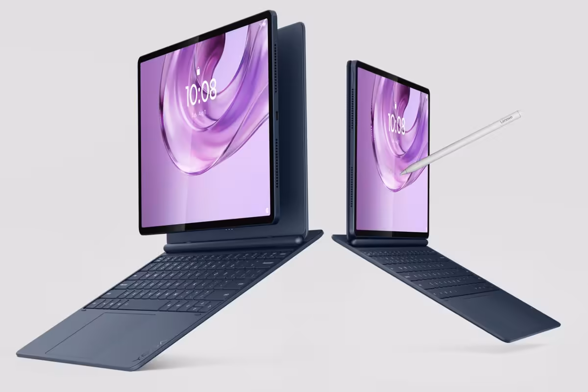 Lenovo Yoga IFA 2026 : RTX Spark, tablettes Android 17 et IA sur toute la gamme 12 Deux Lenovo Yoga pliables avec stylet, écran violet et clavier détachable, fond clair.