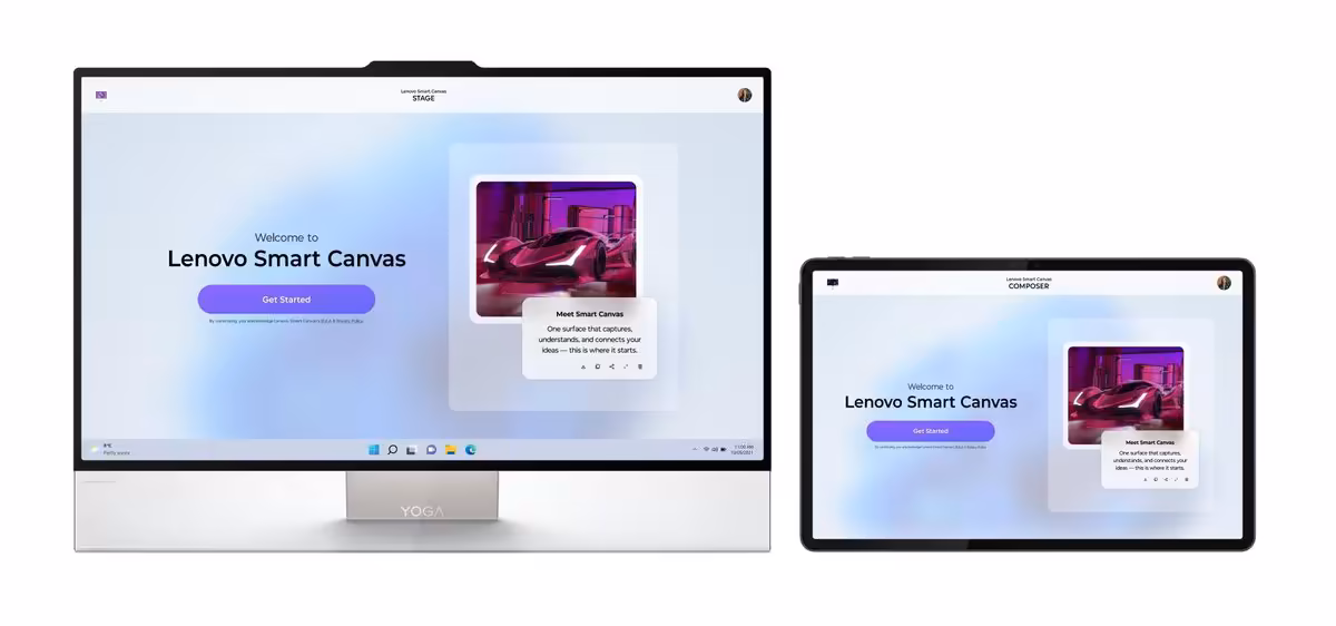 Lenovo Yoga IFA 2026 : RTX Spark, tablettes Android 17 et IA sur toute la gamme 13 Écran Lenovo Smart Canvas sur PC et tablette, interface web blanche et bleue.