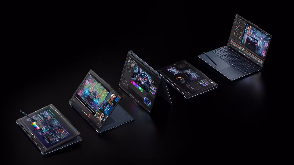 Lenovo Yoga IFA 2026 : RTX Spark, tablettes Android 17 et IA sur toute la gamme 4 Rangée de quatre PC Lenovo Yoga convertibles sur fond noir, différents modes d’utilisation.