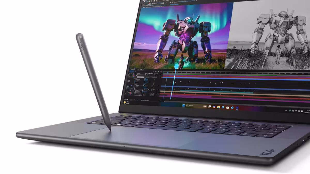 Lenovo Yoga IFA 2026 : RTX Spark, tablettes Android 17 et IA sur toute la gamme 8 Lenovo Yoga en mode ordinateur portable avec stylet, écran montrant montage vidéo et robot.