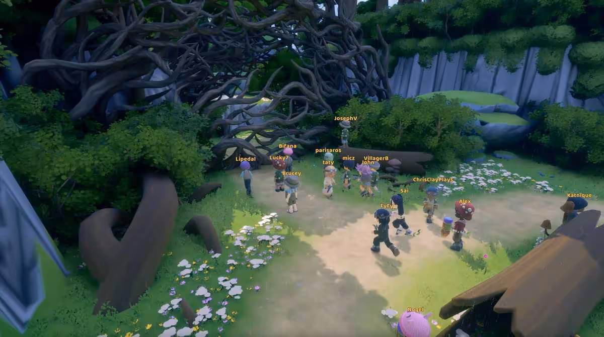 Loftia fixe sa sortie en accès anticipé au 3 novembre sur Steam à 29,99 dollars 4 Personnages de Loftia réunis dans une forêt près d’un immense arbre aux racines visibles