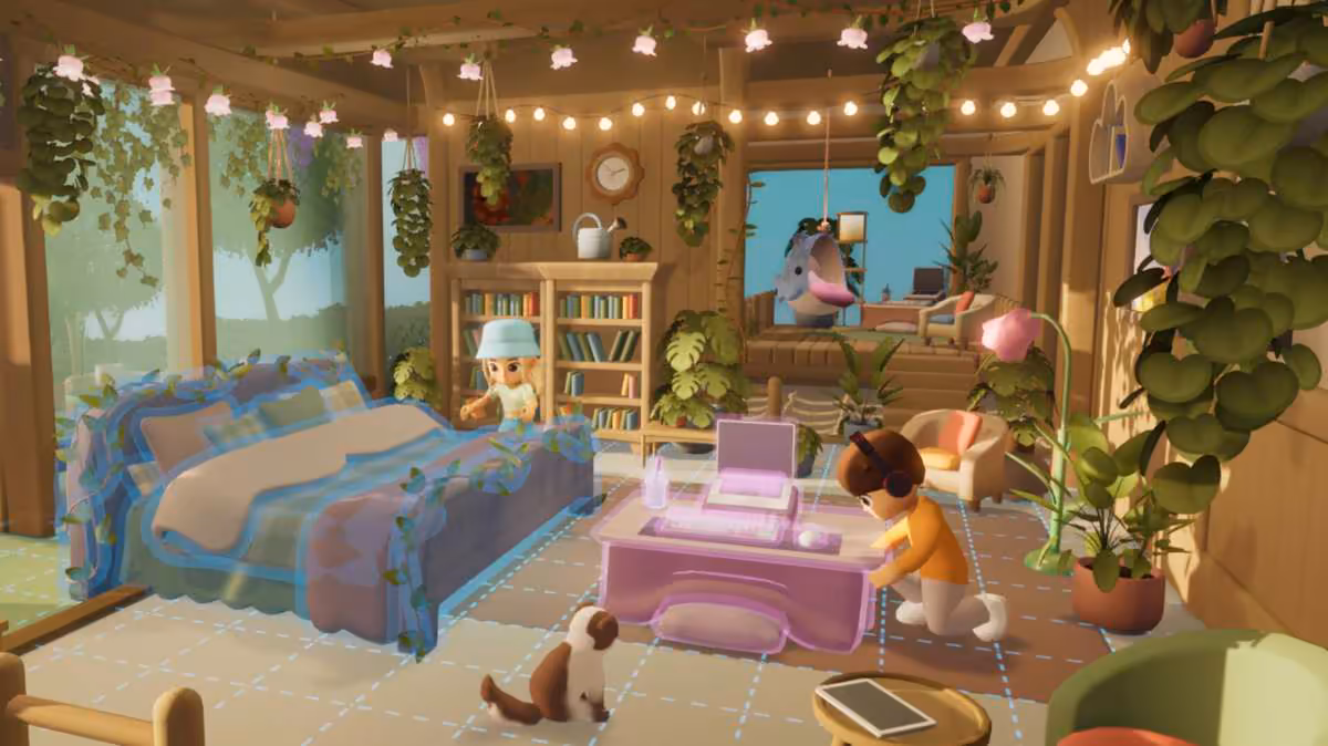 Loftia fixe sa sortie en accès anticipé au 3 novembre sur Steam à 29,99 dollars 5 Chambre cosy de Loftia avec bureau rose, ordinateur portable, plantes suspendues et chat